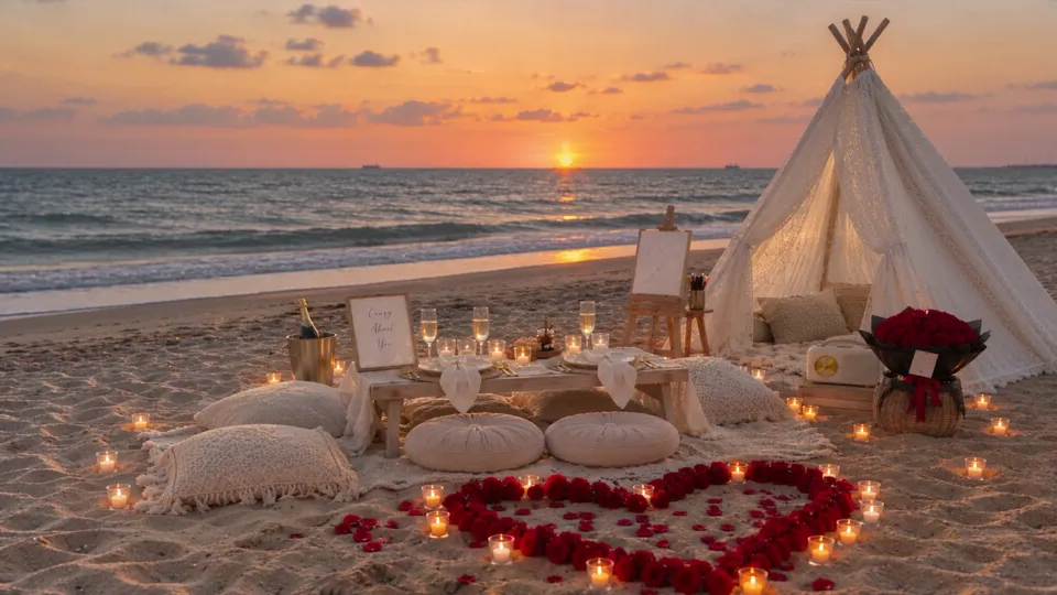 A beach picnic at sunset with a heart of red roses, candles, a lace teepee and a table for two.