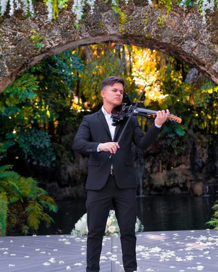 A violinist in a dark suit playing beneath a stone arch and hanging flowers.
